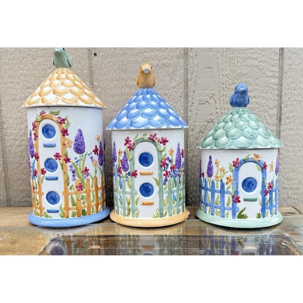 Mesa‎ International Birdhouse Canister Set 3 Ceramic Handpainted Garden Floral